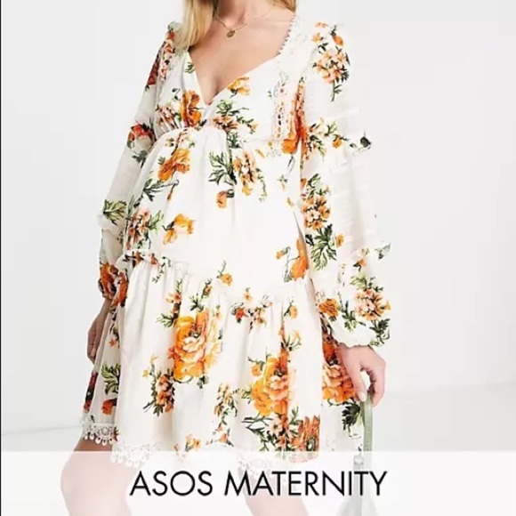ASOS Maternity Dresses & Skirts - ASOS DESIGN Maternity lace insert tiered mini dress with trim detail floral US 8
